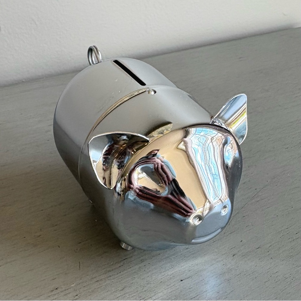 VTG Retro Metal Shiny Chrome Silver Tone Coin Piggy Bank Collectible Child Youth - Picture 3 of 8